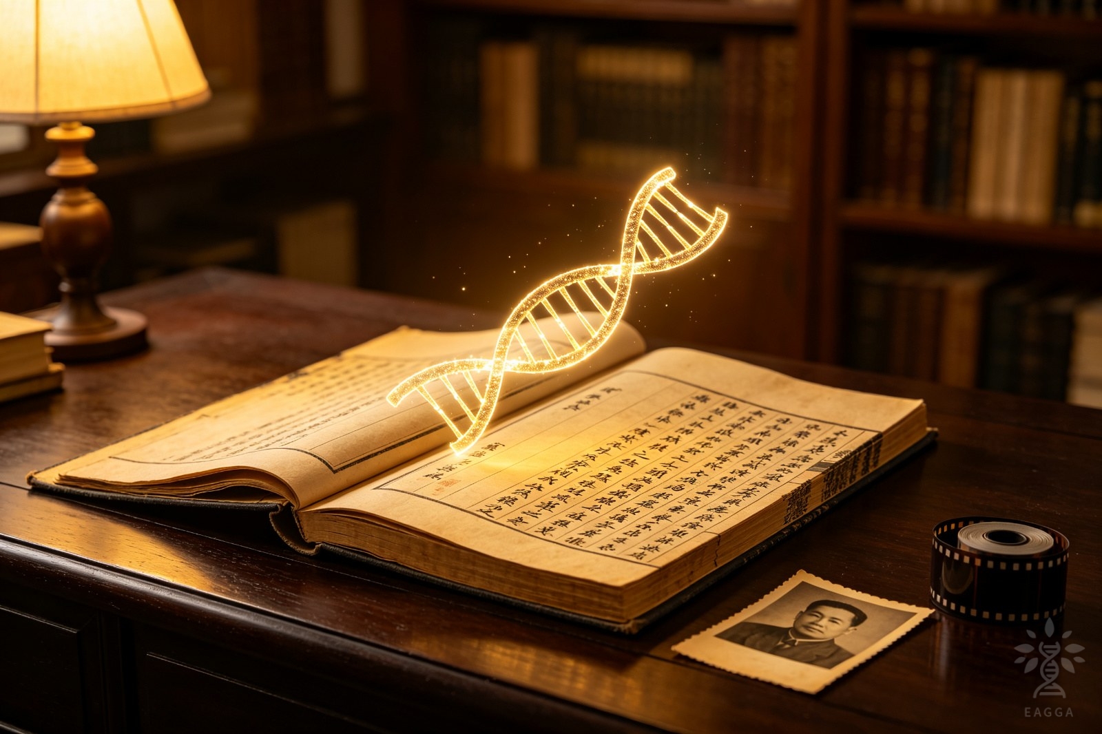 Concept image combining an ancient genealogy book with a DNA double helix and archival imagery elements (AI-generated)