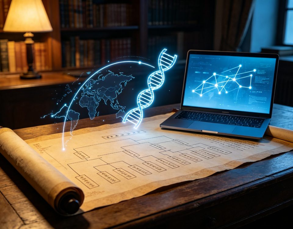 竖排族谱与现代数字工具融合概念图（AI生成）