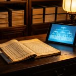 族谱古籍与数字化世系图结合概念图（AI生成）