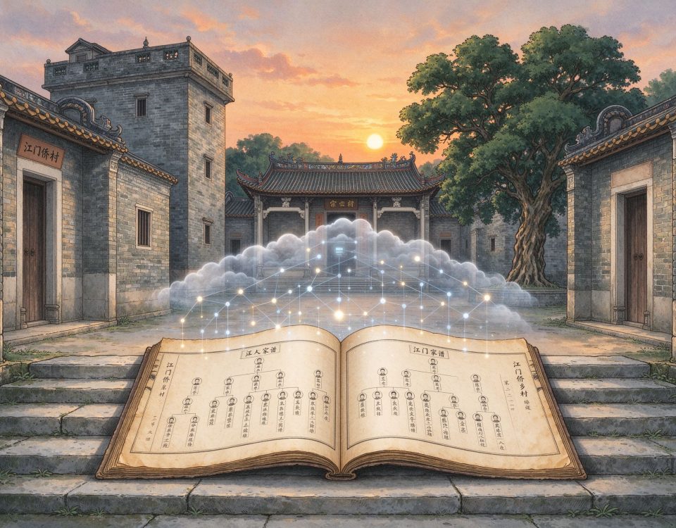 江门侨乡村落族谱数字化概念图（AI生成，无文字）